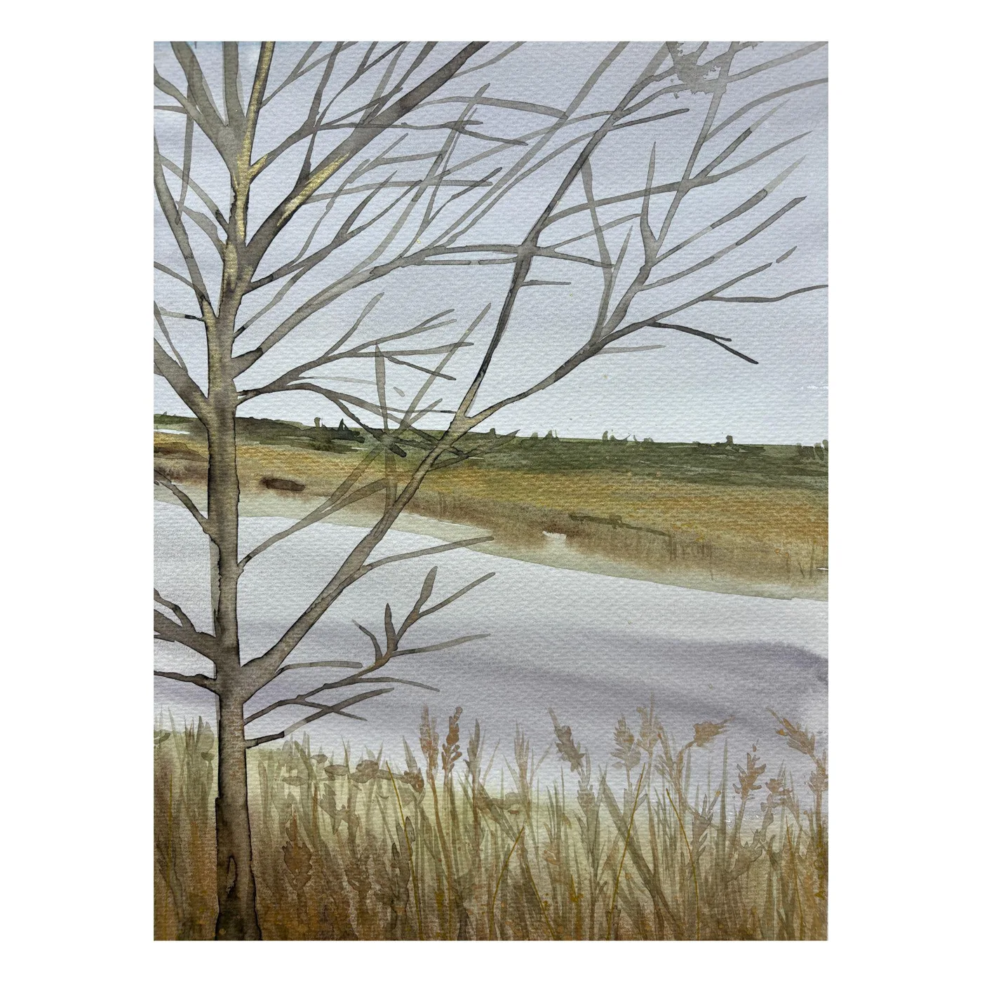 Autumn Landscape with Bare Tree and River
