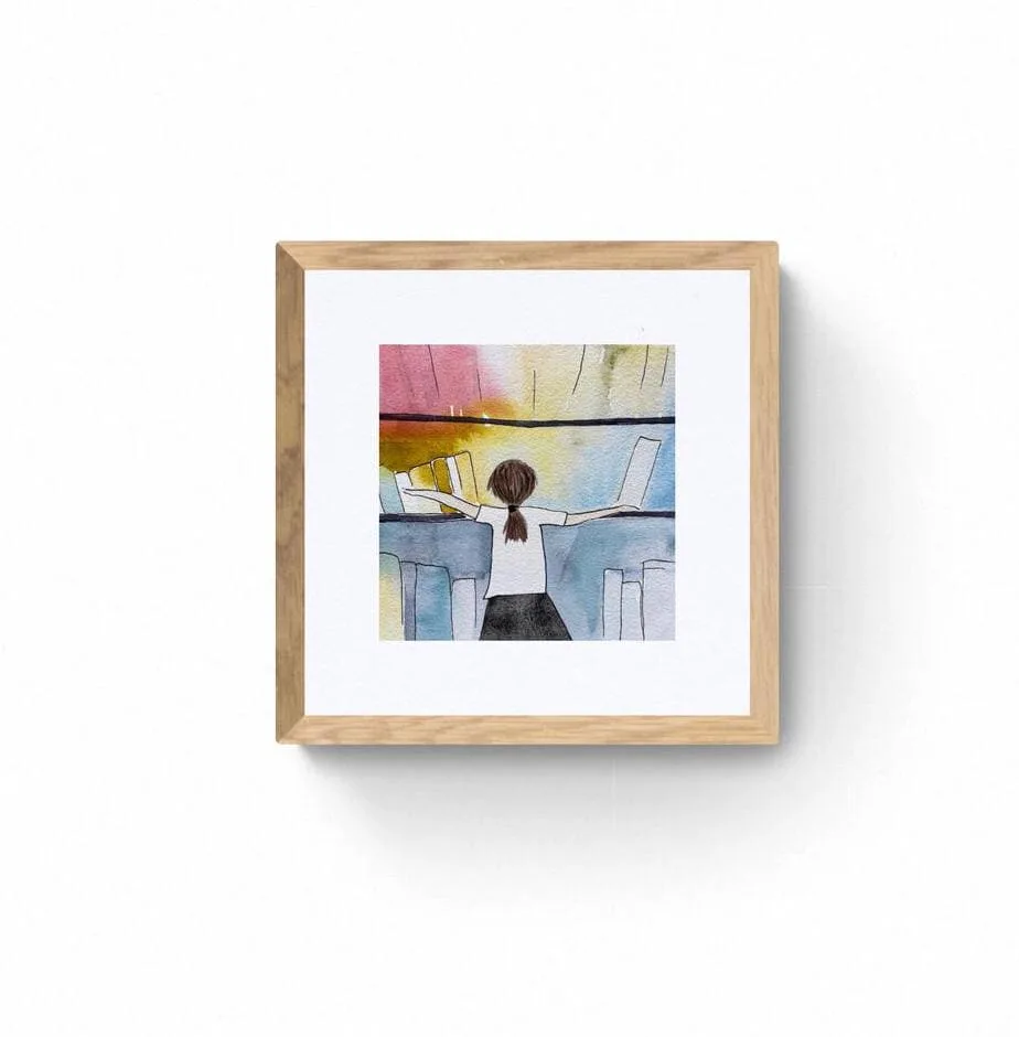 Girl By Colorful Bookshelf Golden Yellow Rose