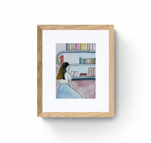 Original Watercolor Painting: Whimsical Book Lover Shelf Art (5.8x11 inches)