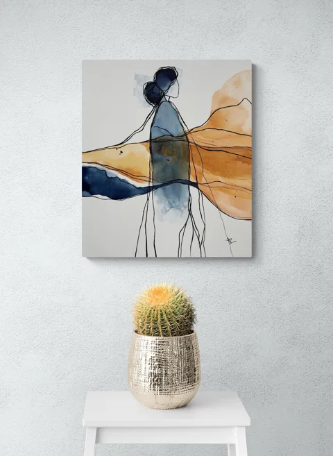 Original Watercolor Painting on Canvas: Abstract Female Figure in Blue and Ochre