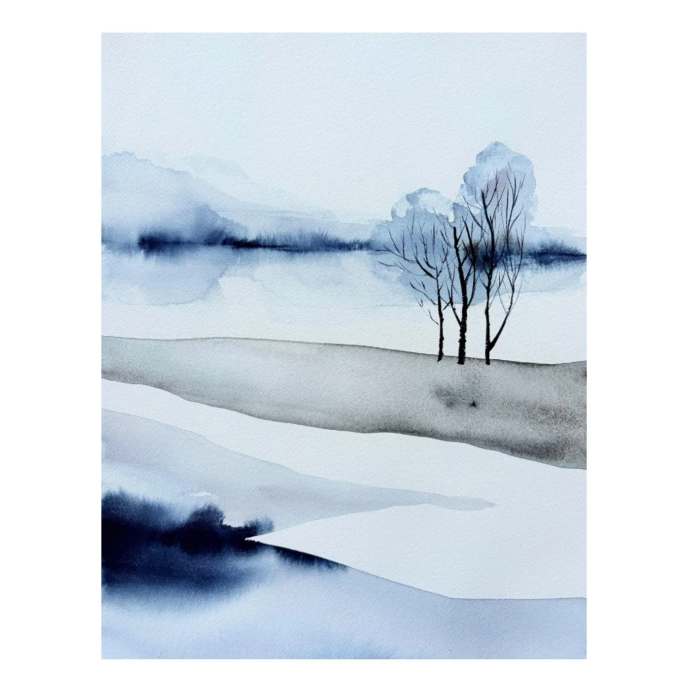 Original Original Watercolor Painting: Minimalist Winter Landscape with Trees