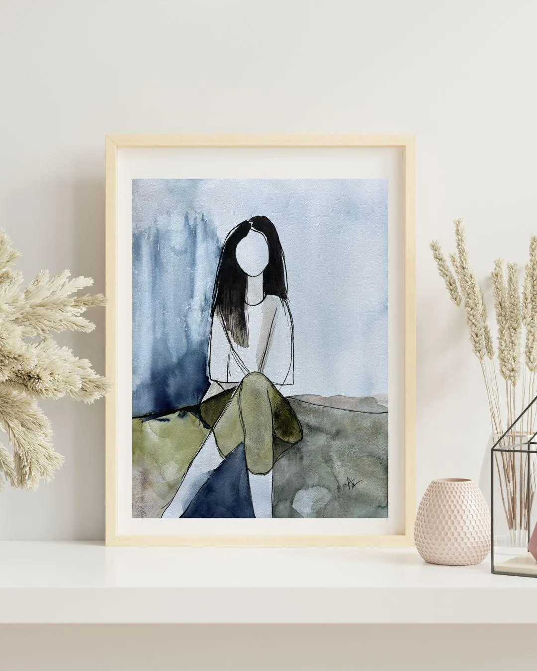Female Figure Long Dark Hair White Green