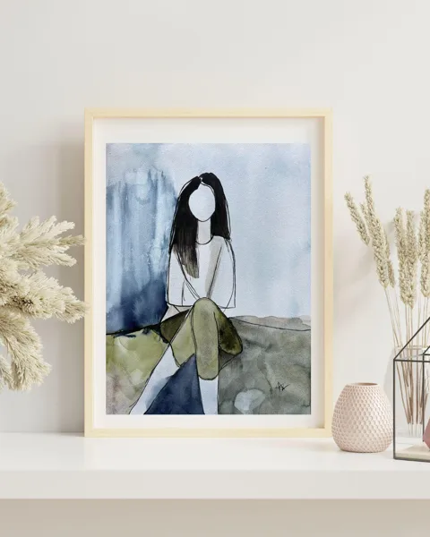 Female Figure Long Dark Hair White Green