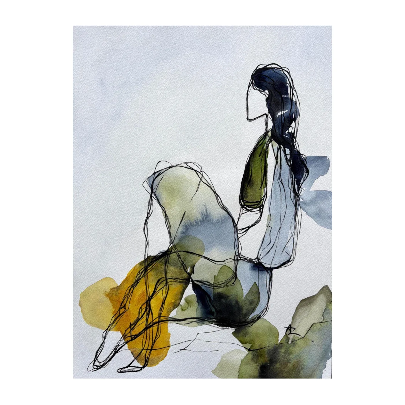 Original Watercolor Painting: Abstract Female Figure in Blue and Green(12x16 in)