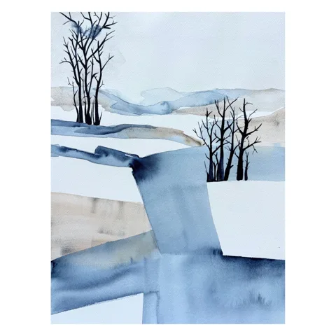 Bare Trees Blue Beige Winter Landscape