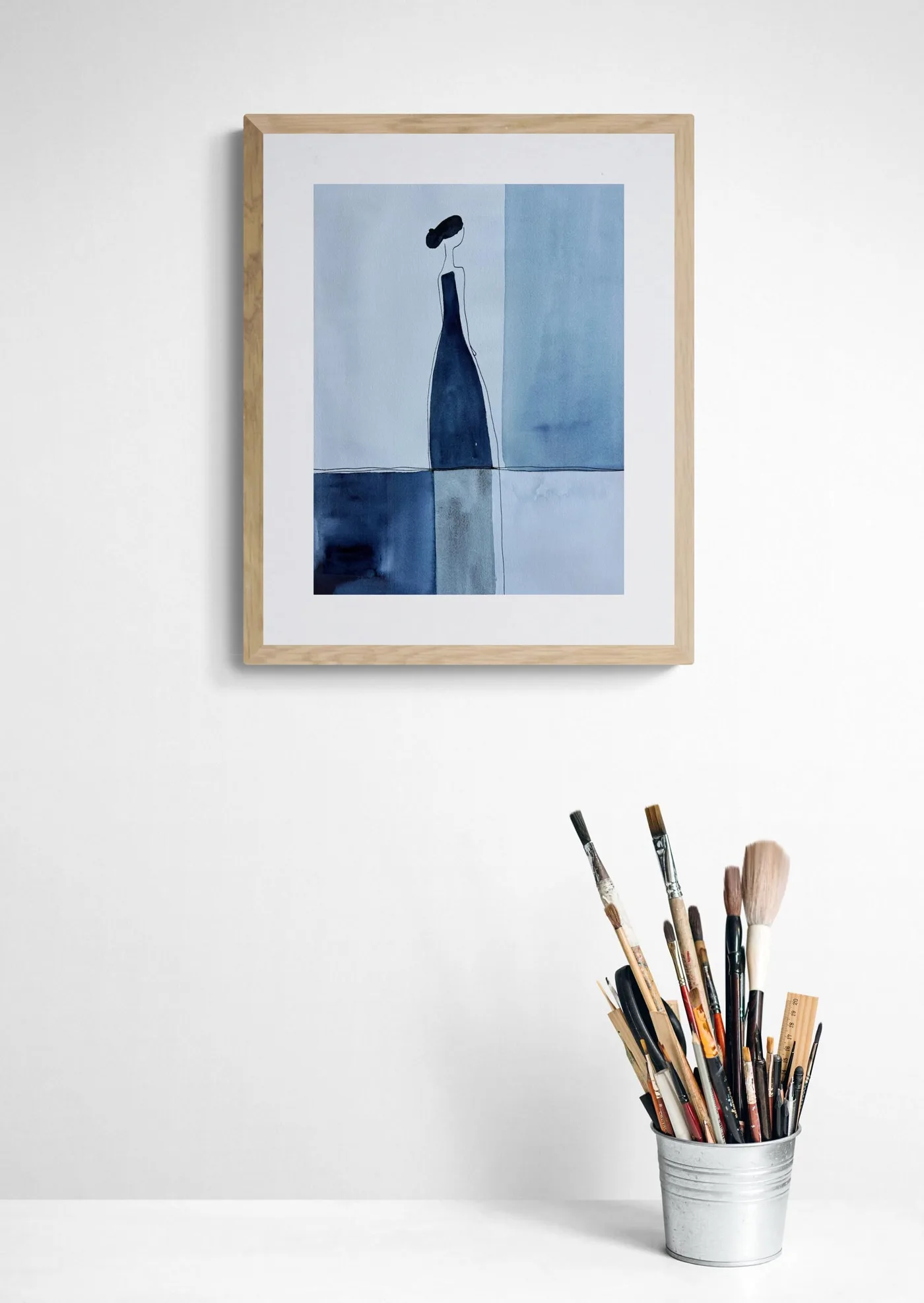 Quiet Woman Figure in Deep Blue Abstract