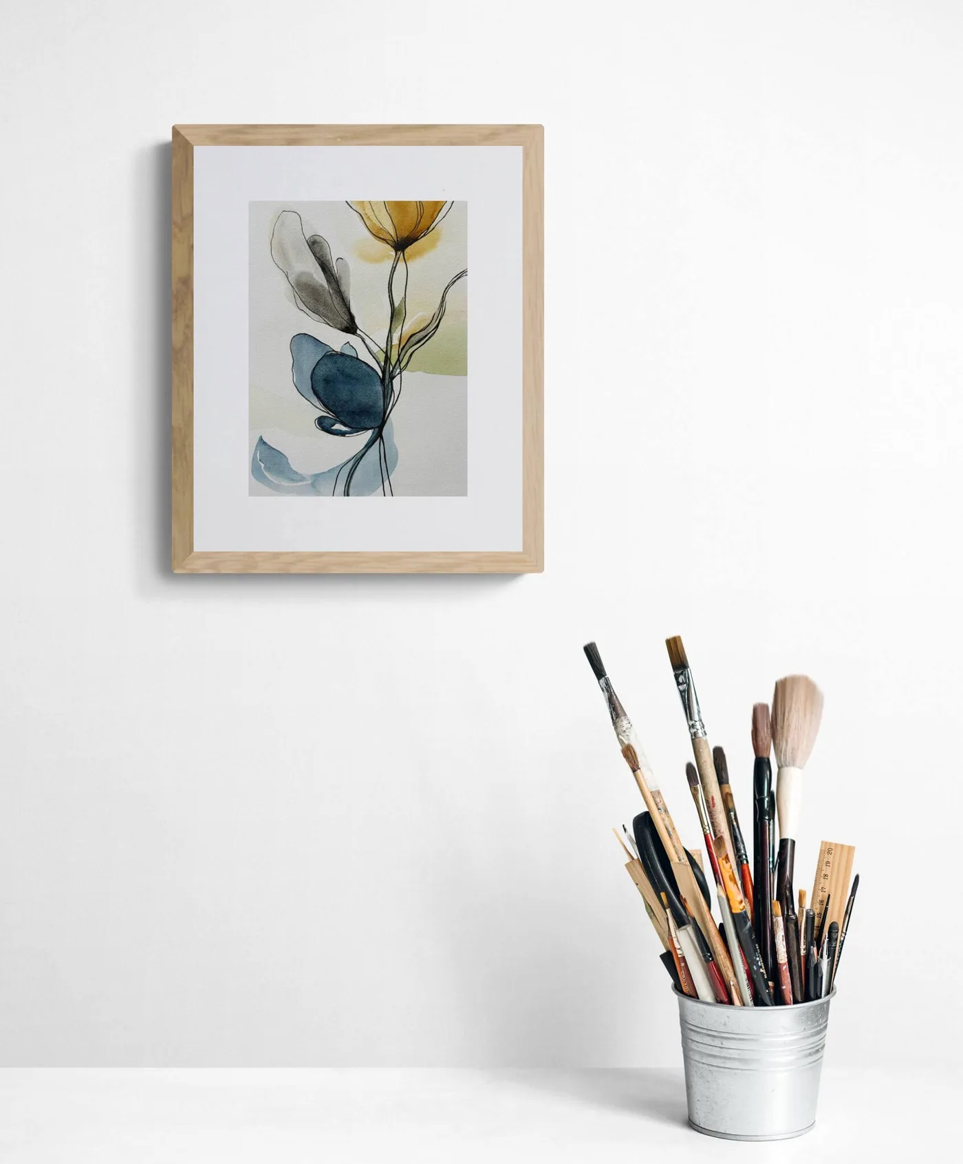 Abstract Floral Minimalist Botanical Blue Ochre