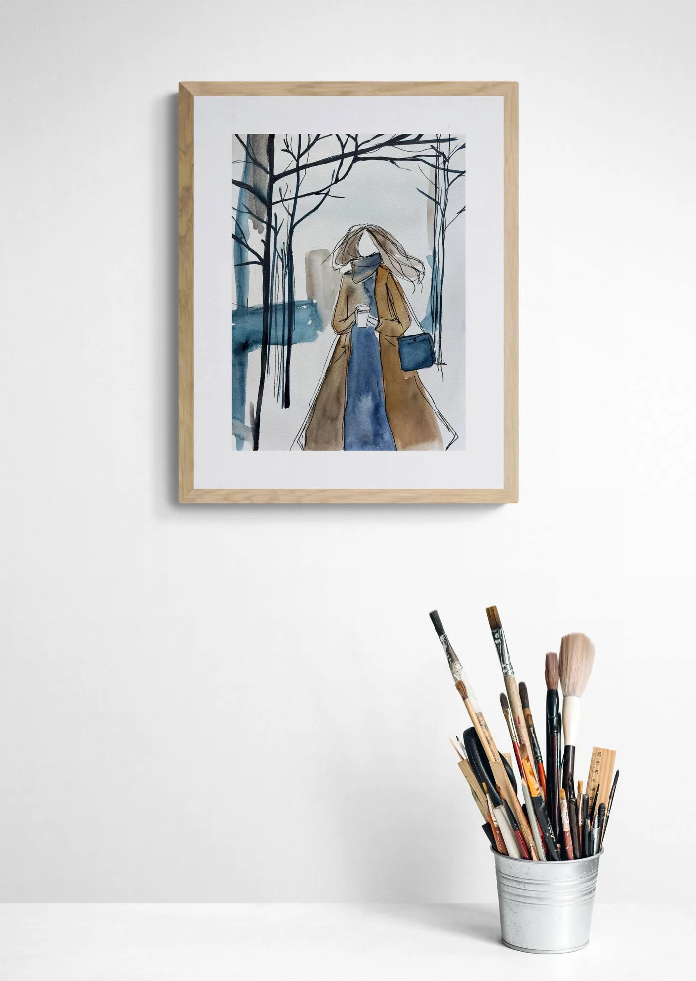 Original Watercolor Painting: Woman with Coffee
