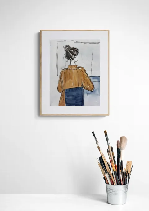 Woman Back View Looking Out Window Teal