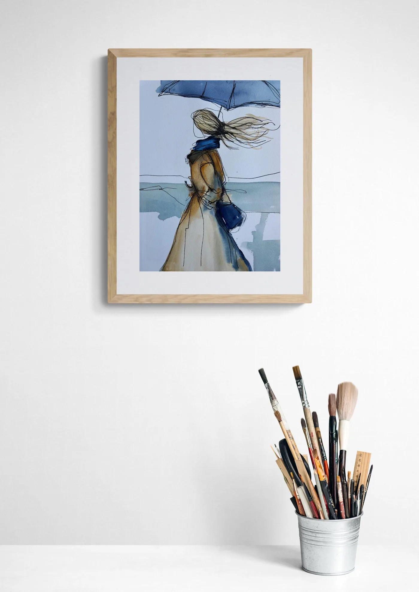 Original Watercolor Painting Woman Umbrella