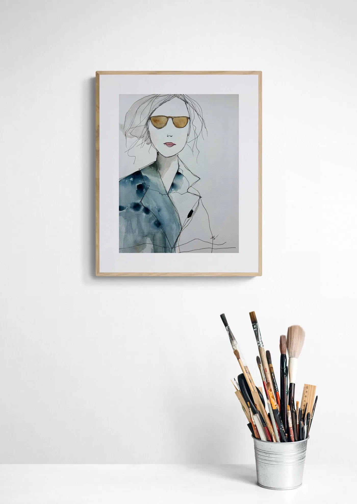 Stylish Woman in Golden Sunglasses and Blue Coat