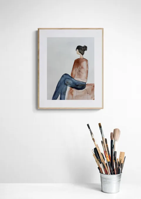 Original Watercolor Painting: Seated Woman in Blue Jeans