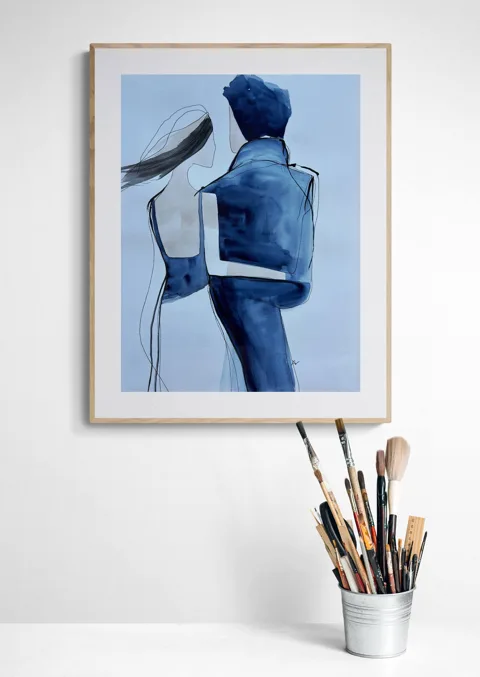 Abstract Blue Minimalist Couple Silhouette