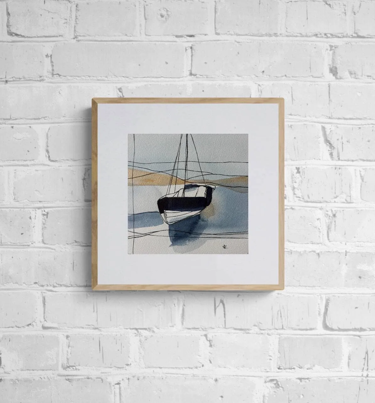 Sailboat on Calm Water Navy and Beige