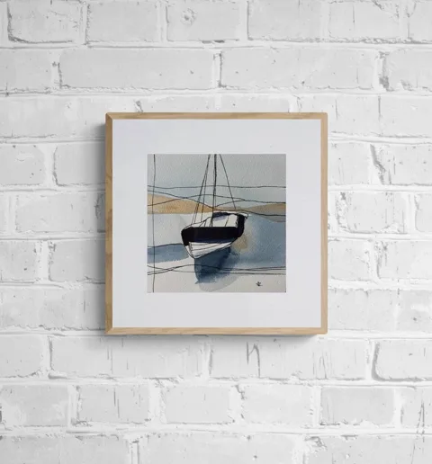Sailboat on Calm Water Navy and Beige