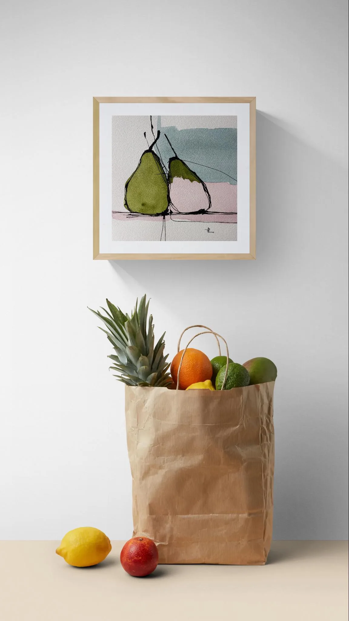 Abstract Pears in Olive Green Rose Blue