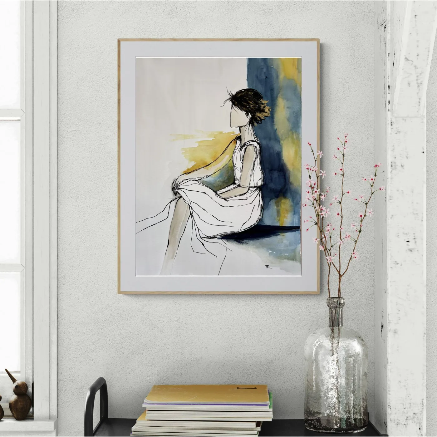 Woman White Dress Indigo Ochre