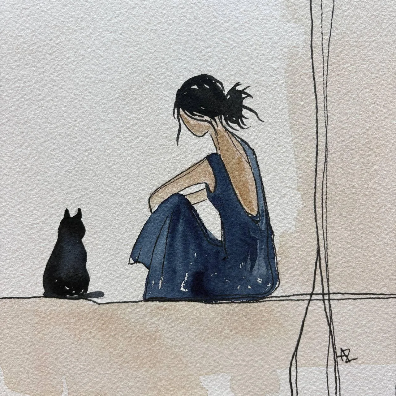 Girl with Black Cat in Navy Dress