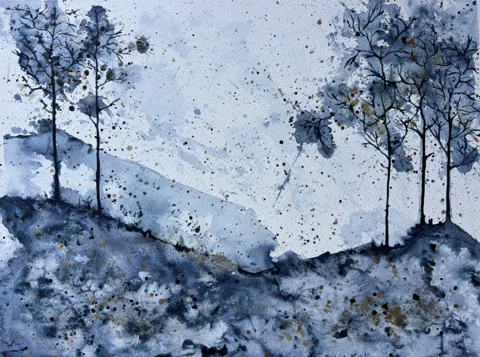 Bare Trees on Misty Blue Hills