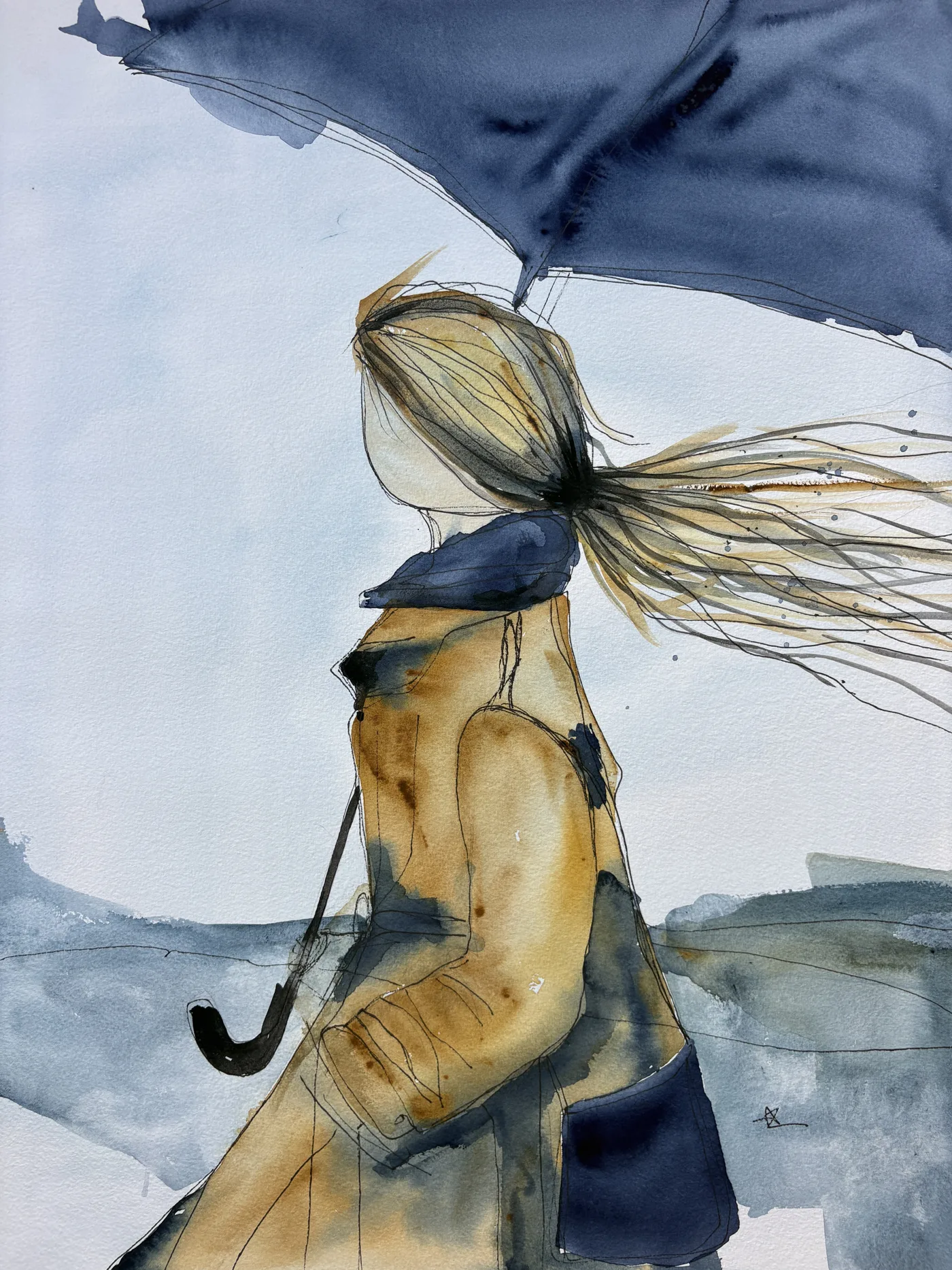 Woman with Blue Umbrella in the Wind