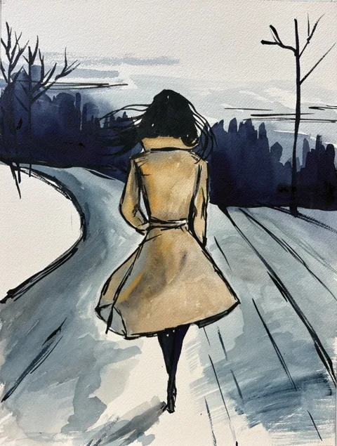 Woman Walking in Wind Beige Blue