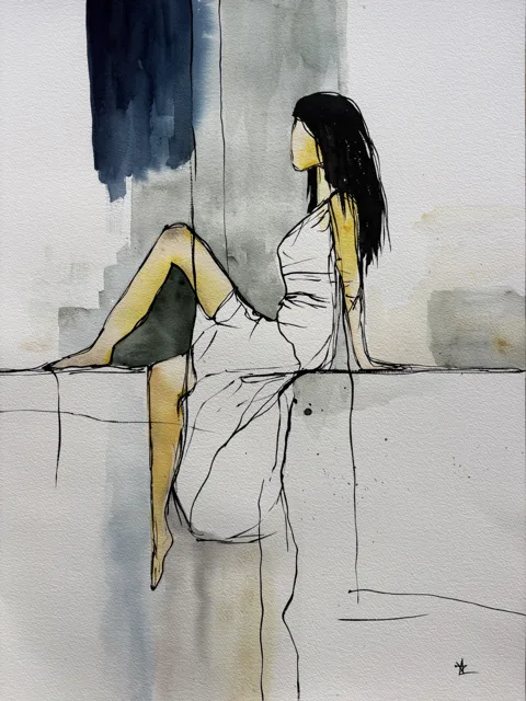 Seated Woman in Blue Yellow